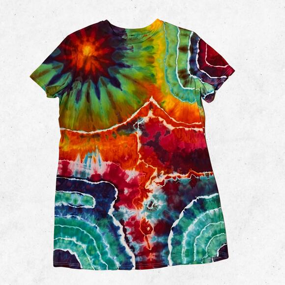 Ice Dyed T-shirt Dress - Ice Dye Hippie Boho - Rainbow Geode (Women's XLarge) - Picture 2 of 12